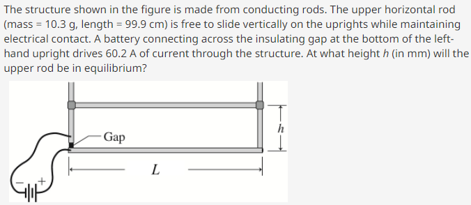 The Structure Shown In The Figure Is Made From Conducting Rods The Upper Horizontal Rod Mass 10 3 G Length 99 9 C 1