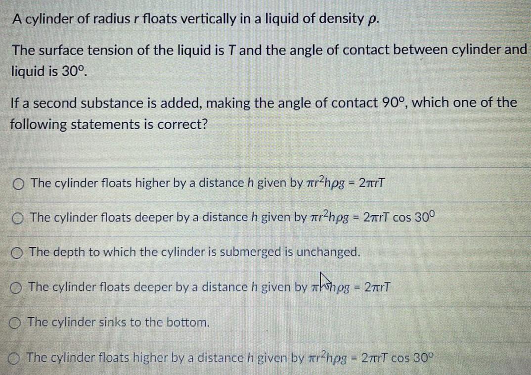 A Cylinder Of Radius R Floats Vertically In A Liquid Of Density P The Surface Tension Of The Liquid Is T And The Angle 1