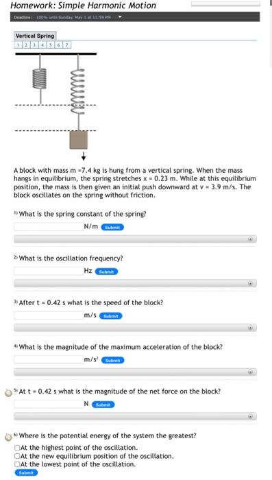Homework Simple Harmonic Motion Deadline 100 Un Sunday May 1 At 11 59pm Vertical Spring A Block With Mass M 7 4 Kg 1