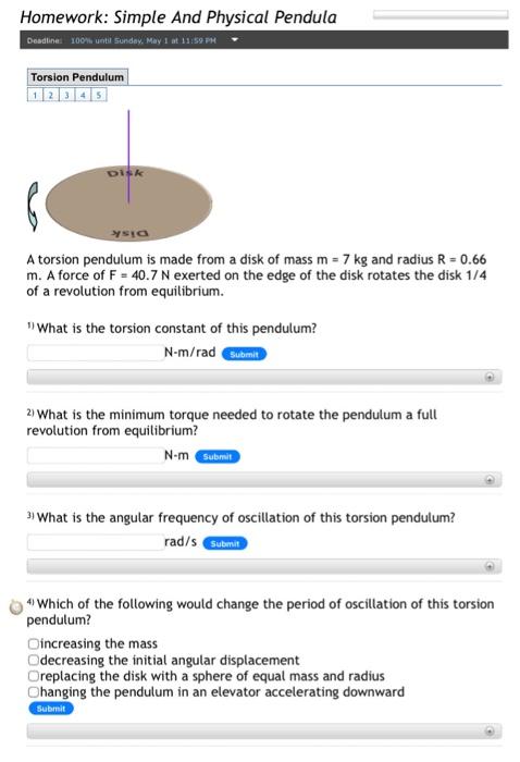 Homework Simple And Physical Pendula Deadline 100 Until Sunday May 1 At 11 59 Pm Torsion Pendulum Ysta A Torsion Pen 1