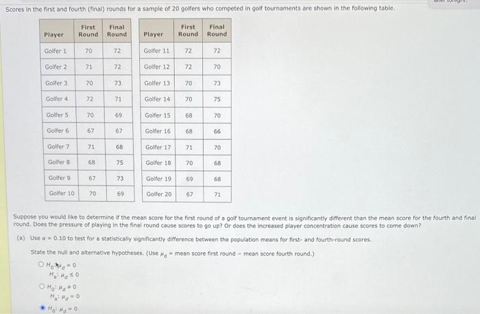 Fiew Scores In The First And Fourth Final Rounds For A Sample Of 20 Golfers Who Competed In Golf Tournaments Are Shown 1