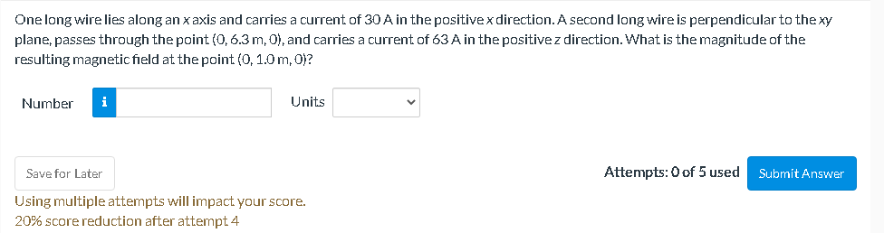 One Long Wire Lies Along An X Axis And Carries A Current Of 30 A In The Positive X Direction A Second Long Wire Is Perp 1