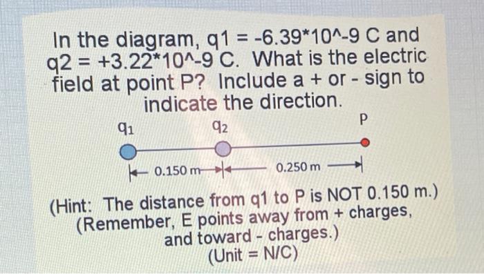 In The Diagram Q1 6 39 10 9 C And Q2 3 22 10 9 C What Is The Electric Field At Point P Include A Or Sign 1
