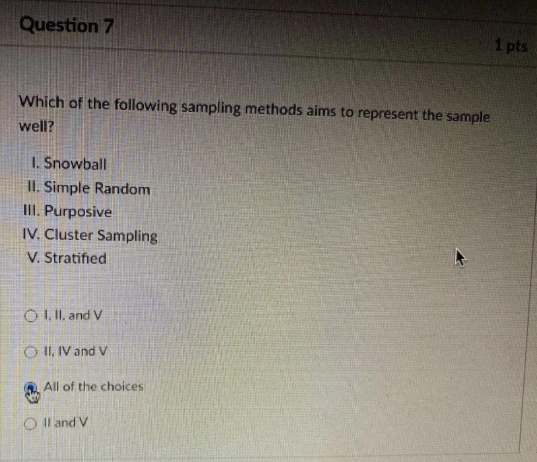 Question 7 1 Pts Which Of The Following Sampling Methods Aims To Represent The Sample Well 1 Snowball Ii Simple Rando 1