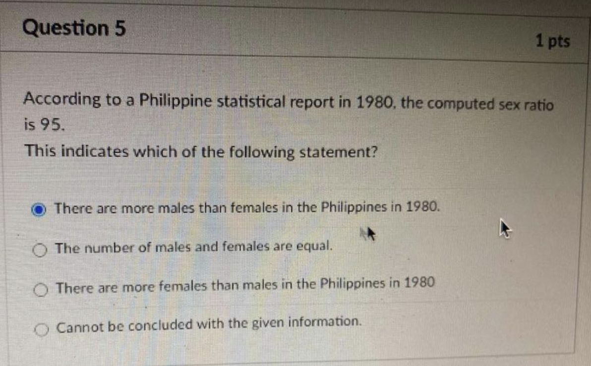 Question 5 1 Pts According To A Philippine Statistical Report In 1980 The Computed Sex Ratio Is 95 This Indicates Whic 1