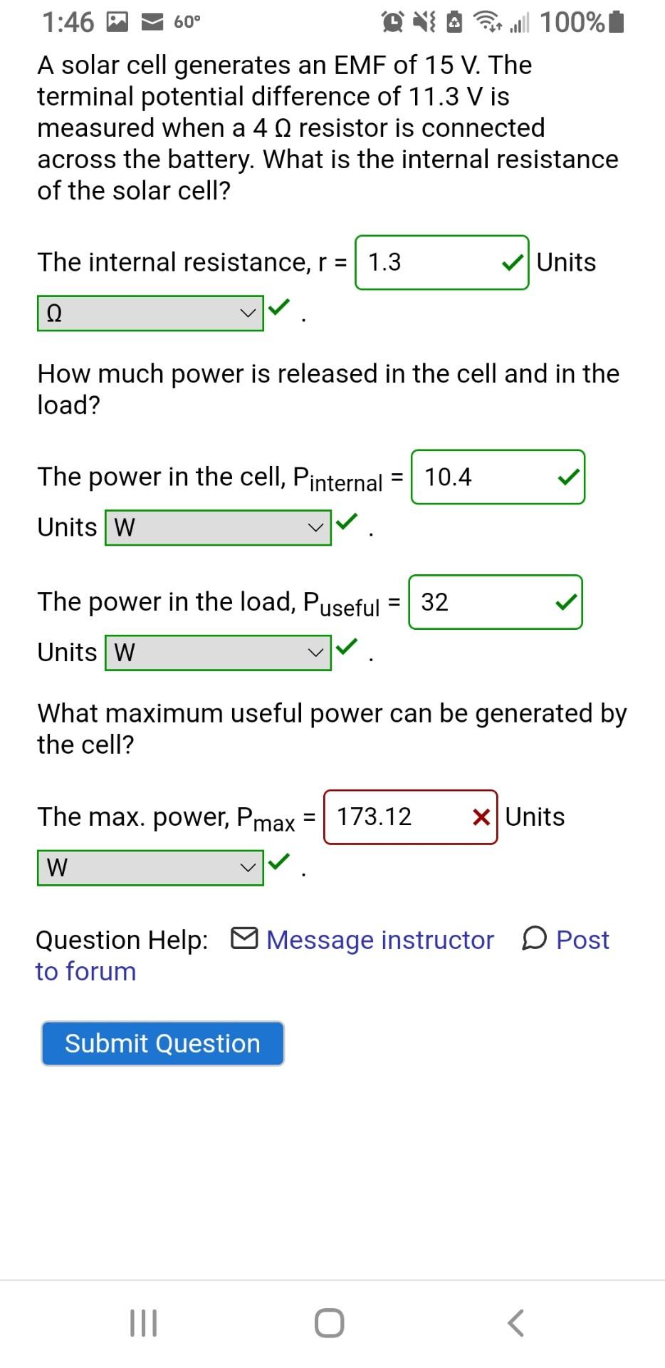 1 46 60 0 0 100 5 A Solar Cell Generates An Emf Of 15 V The Terminal Potential Difference Of 11 3 V Is Measured W 1