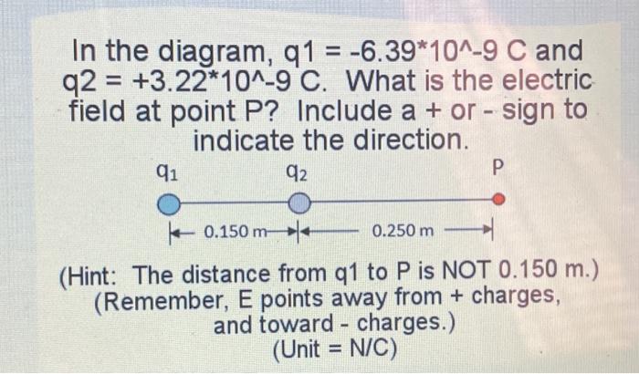 In The Diagram Q1 6 39 10 9 C And Q2 3 22 10 9 C What Is The Electric Field At Point P Include A Or Sign 1