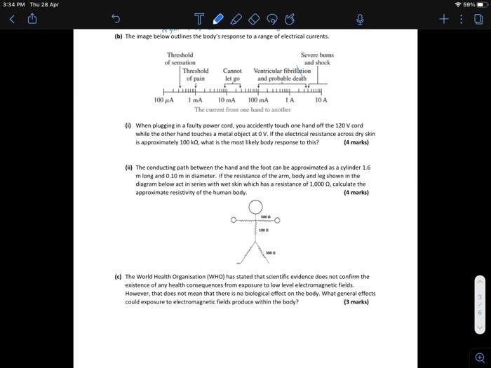 3 34 Pm Thu 28 Apr 5 B The Image Below Outlines The Body S Response To A Range Of Electrical Currents Threshold Of 1