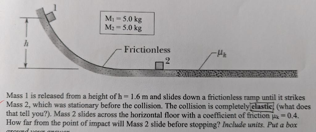 M 5 0 Kg M 5 0 Kg Frictionless Mass 1 Is Released From A Height Of H 1 6 M And Slides Down A Frictionless Ramp Un 1