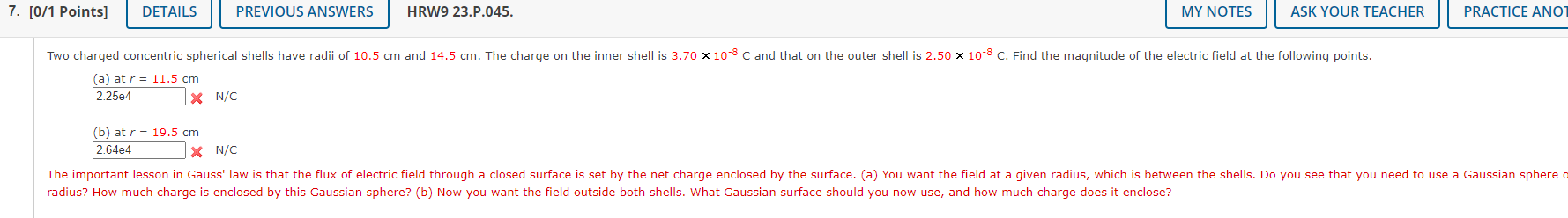 7 0 1 Points Details Previous Answers Hrw9 23 P 045 My Notes Ask Your Teacher Practice Anot Two Charged Concentric S 1