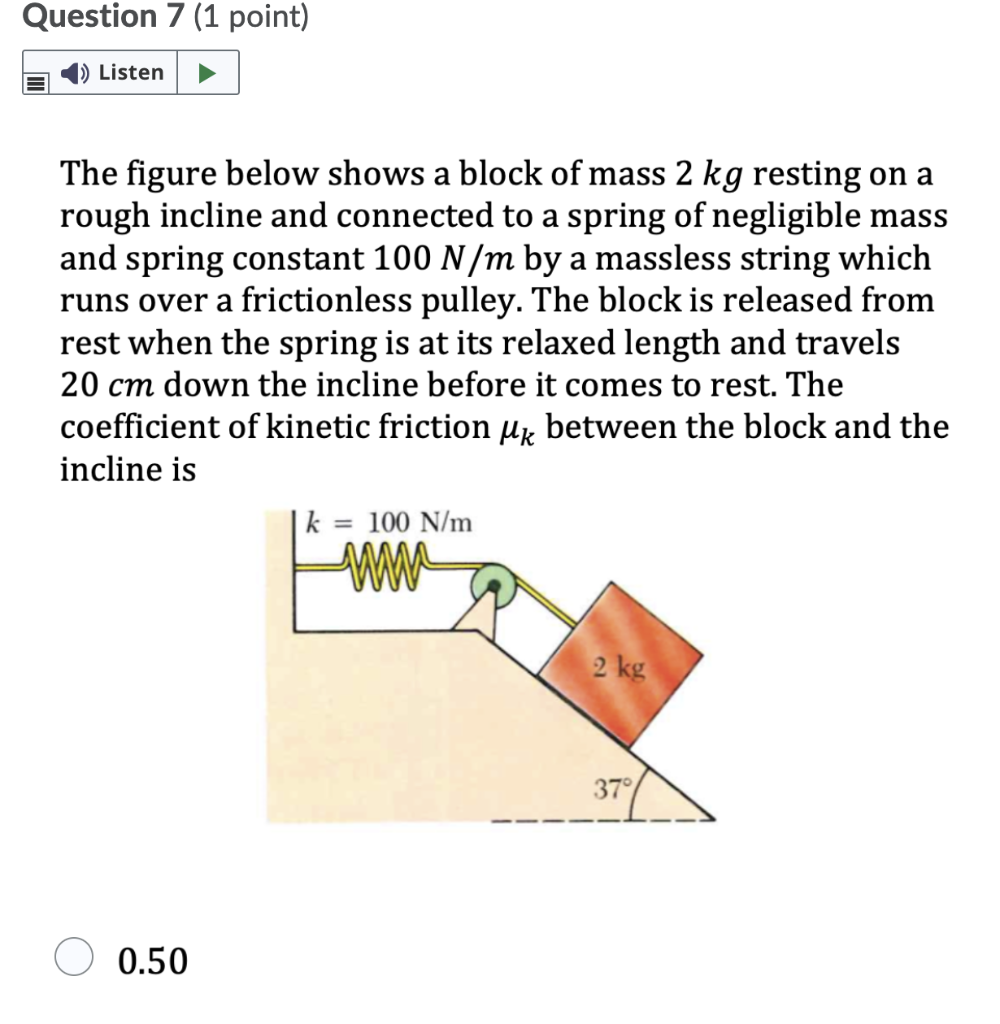 Question 7 1 Point Listen The Figure Below Shows A Block Of Mass 2 Kg Resting On A Rough Incline And Connected To A Sp 1