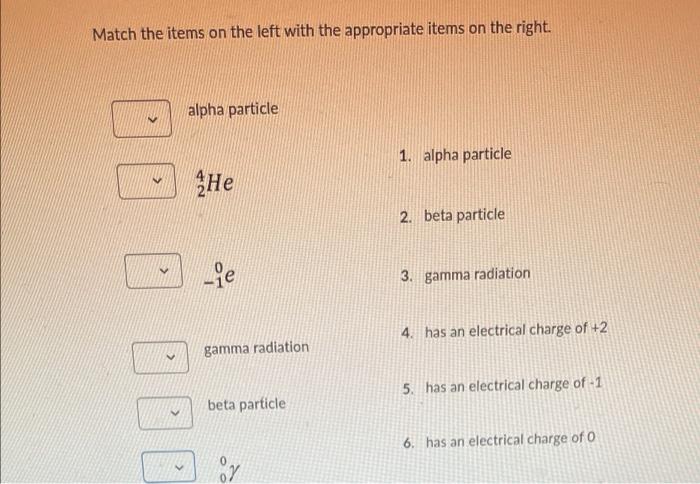 Match The Items On The Left With The Appropriate Items On The Right Alpha Particle 1 Alpha Particle He 2 Beta Particl 1