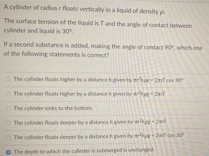 A Cylinder Of Radius R Floats Vertically In A Liquid Of Density P The Surface Tension Of The Liquid Is T And The Angle 2