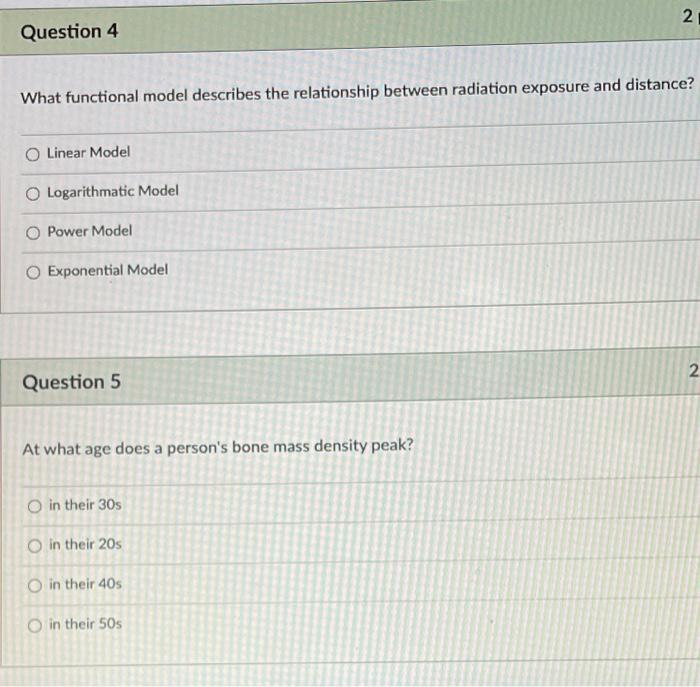 Question 4 2 What Functional Model Describes The Relationship Between Radiation Exposure And Distance O Linear Model O 2