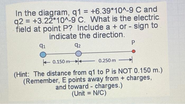 In The Diagram Q1 6 39 10 9 C And Q2 3 22 10 9 C What Is The Electric Field At Point P Include A Or Sign 1