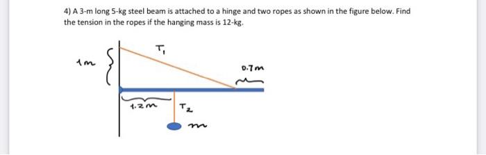 4 A3m Long 5 Kg Steel Beam Is Attached To A Hinge And Two Ropes As Shown In The Figure Below Find The Tension In The R 3