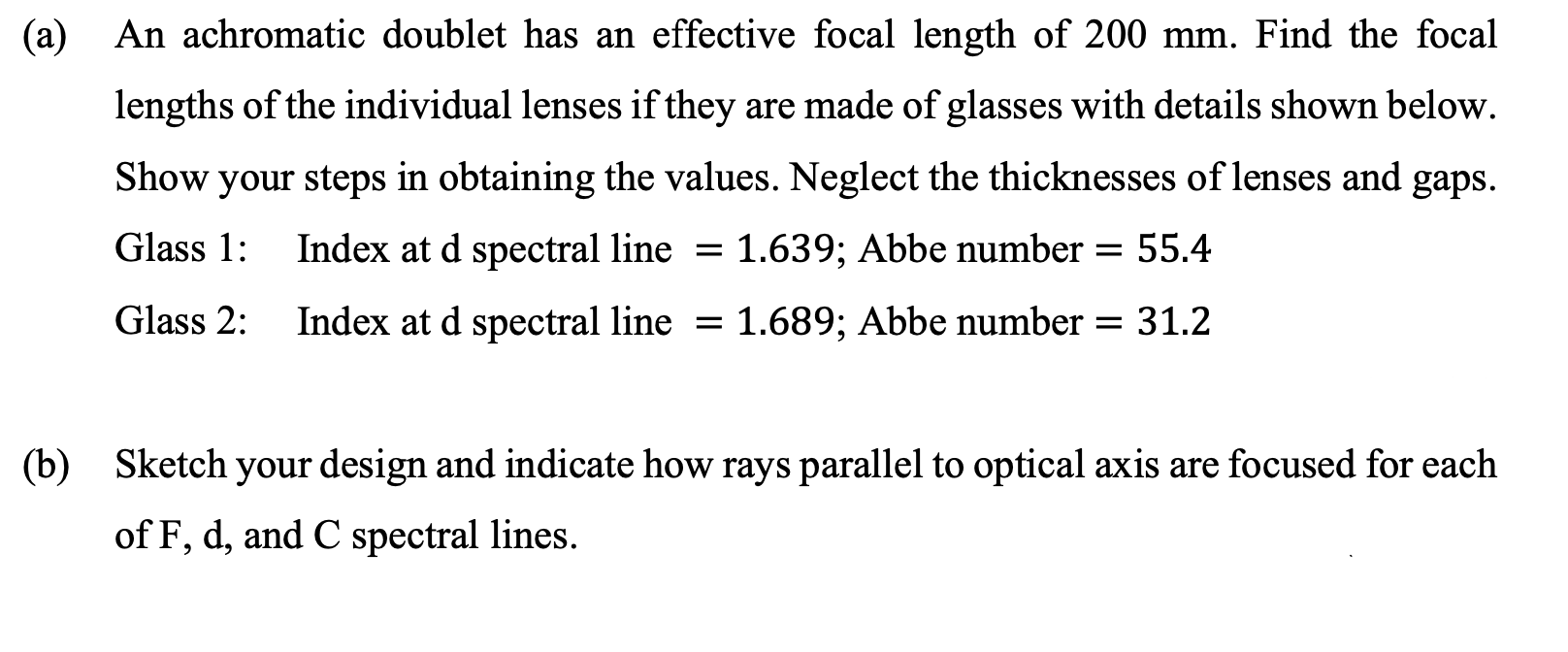 A An Achromatic Doublet Has An Effective Focal Length Of 200 Mm Find The Focal Lengths Of The Individual Lenses If Th 1