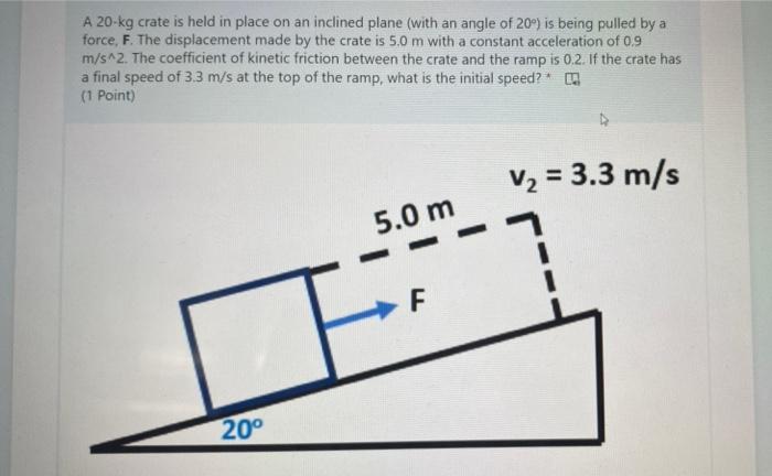 A 20 Kg Crate Is Held In Place On An Inclined Plane With An Angle Of 20 Is Being Pulled By A Force F The Displaceme 3