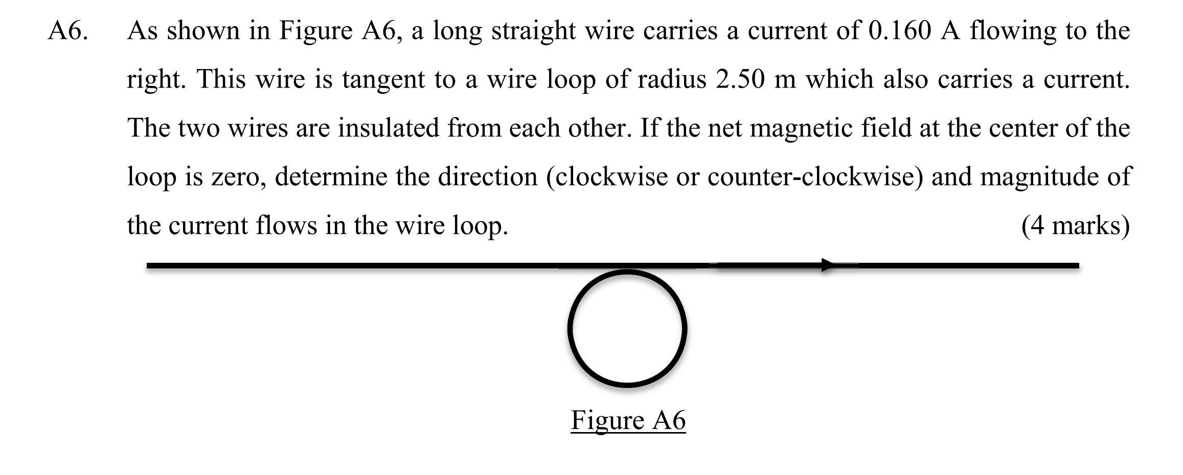 A6 As Shown In Figure A6 A Long Straight Wire Carries A Current Of 0 160 A Flowing To The Right This Wire Is Tangent 1