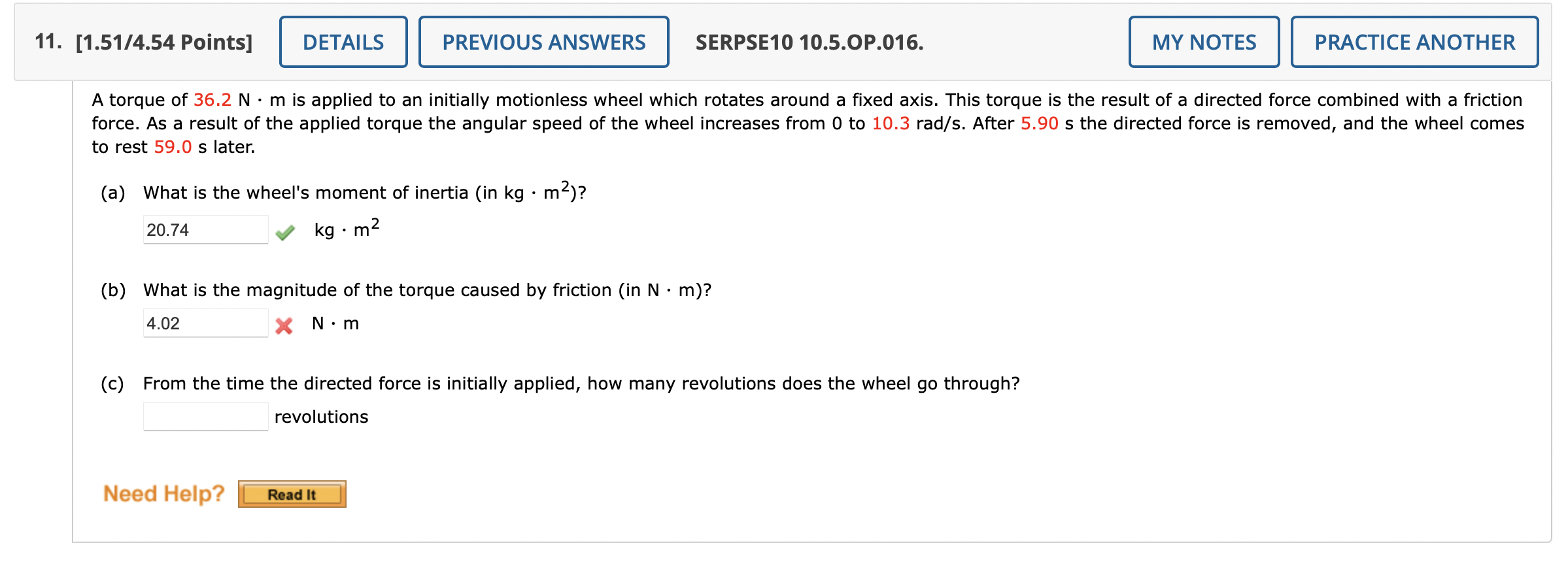 11 1 51 4 54 Points Details Previous Answers Serpse10 10 5 Op 016 My Notes Practice Another A Torque Of 36 2 N M Is 1