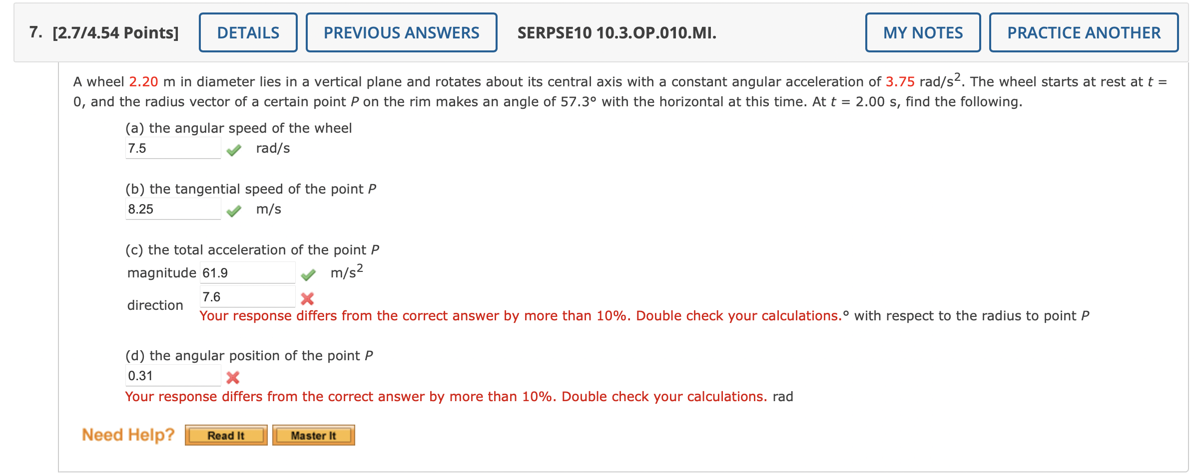 7 2 7 4 54 Points Details Previous Answers Serpse10 10 3 Op 010 Mi My Notes Practice Another A Wheel 2 20 M In Diame 1