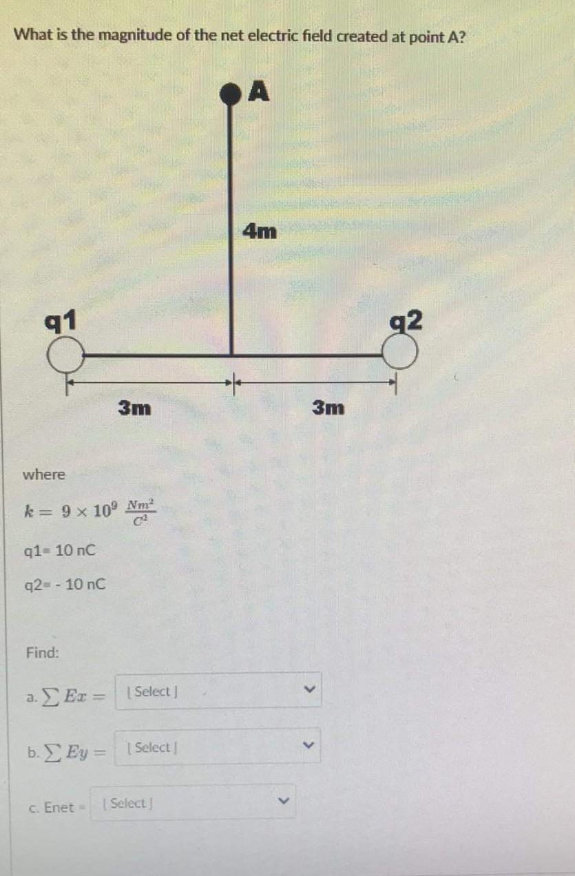 What Is The Magnitude Of The Net Electric Field Created At Point A A 4m 91 3m Where K 9 10 M Q1 10 Nc Q2 10 N 1