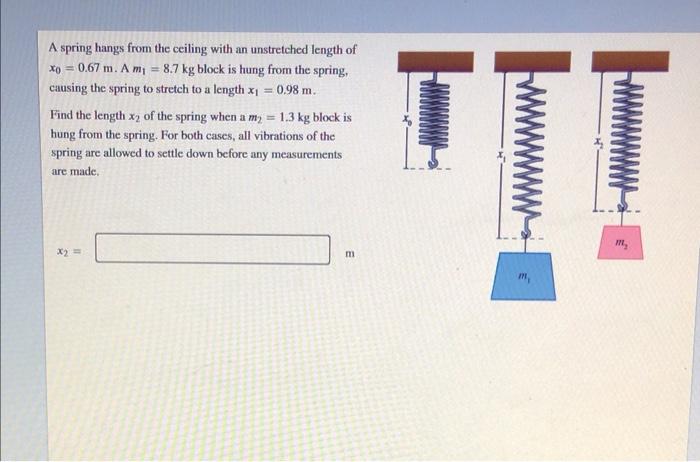 A Spring Hangs From The Ceiling With An Unstretched Length Of Xo 0 67 M A M 8 7 Kg Block Is Hung From The Spring C 1
