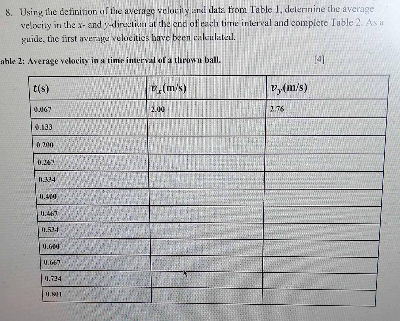 8 Using The Definition Of The Average Velocity And Data From Table 1 Determine The Average Velocity In The X And Y Di 1
