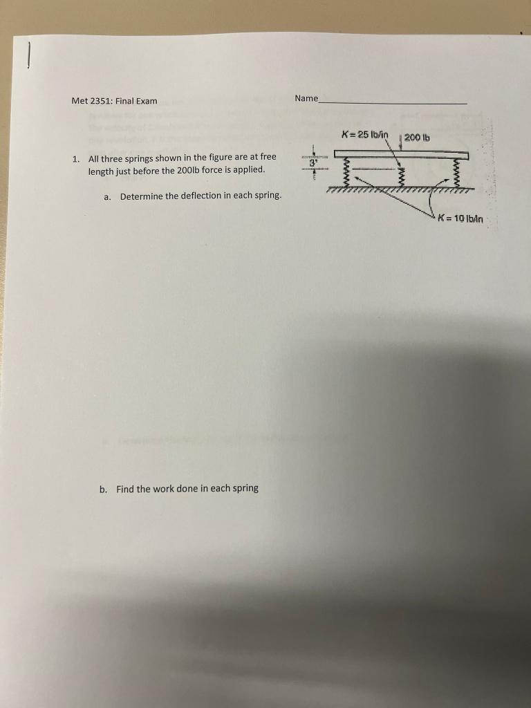 Met 2351 Final Exam 1 All Three Springs Shown In The Figure Are At Free Length Just Before The 200lb Force Is Applied 1