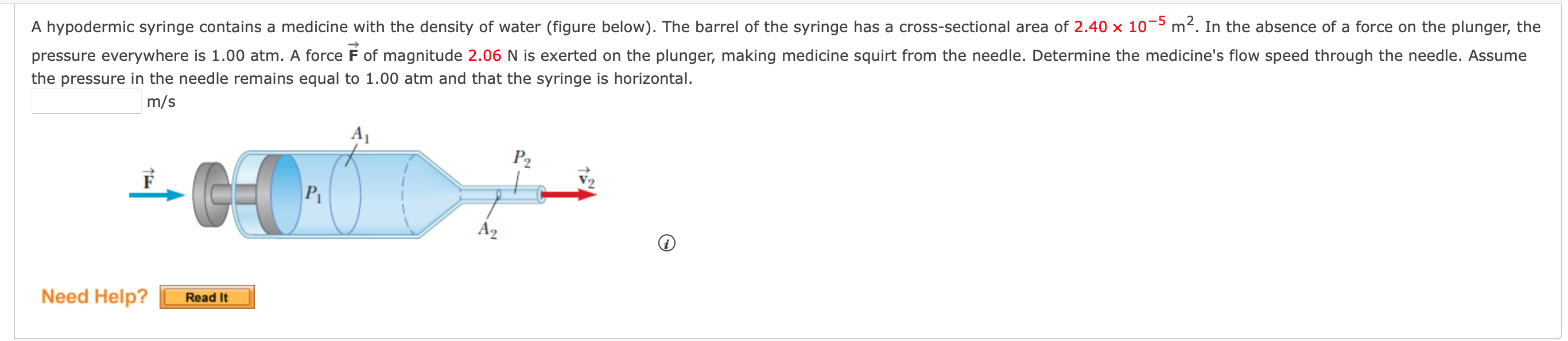 A Hypodermic Syringe Contains A Medicine With The Density Of Water Figure Below The Barrel Of The Syringe Has A Cross 1