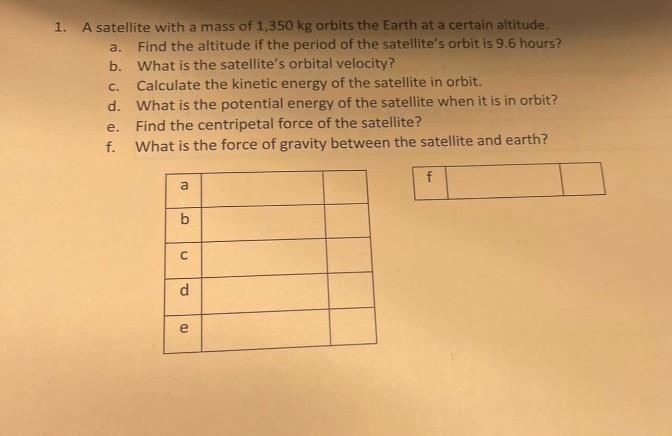 1 A Satellite With A Mass Of 1 350 Kg Orbits The Earth At A Certain Altitude Find The Altitude If The Period Of The Sa 1