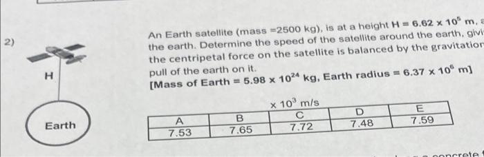 2 H Earth An Earth Satellite Mass 2500 Kg Is At A Height H 6 62 X 10 M A The Earth Determine The Speed Of The Sa 1