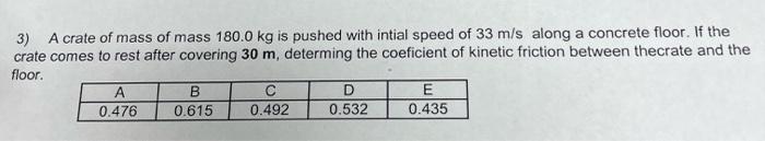 3 A Crate Of Mass Of Mass 180 0 Kg Is Pushed With Intial Speed Of 33 M S Along A Concrete Floor If The Crate Comes To 1