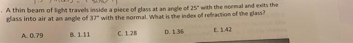 A Thin Beam Of Light Travels Inside A Piece Of Glass At An Angle Of 25 With The Normal And Exits The Glass Into Air A 1