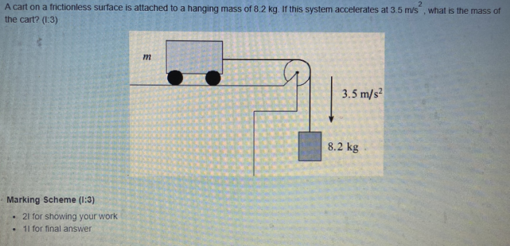 2 A Cart On A Frictionless Surface Is Attached To A Hanging Mass Of 8 2 Kg If This System Accelerates At 3 5 M S What 1