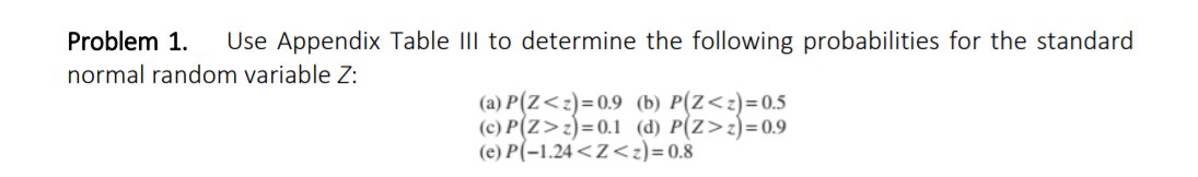 Problem 1 Use Appendix Table Iii To Determine The Following Probabilities For The Standard Normal Random Variable Z A 1