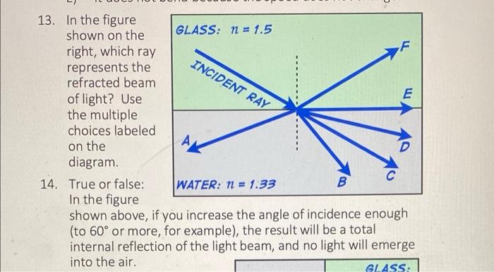 13 In The Figure Shown On The Right Which Ray Represents The Refracted Beam Of Light Use The Multiple Choices Labeled 1