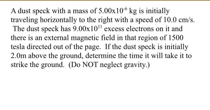 A Dust Speck With A Mass Of 5 00x10 6 Kg Is Initially Traveling Horizontally To The Right With A Speed Of 10 0 Cm S The 1