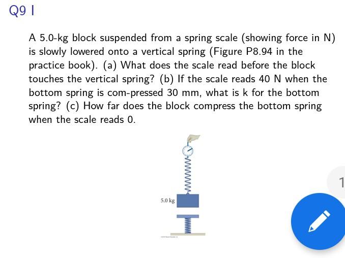 Q9i A 5 0 Kg Block Suspended From A Spring Scale Showing Force In N Is Slowly Lowered Onto A Vertical Spring Figure P 1