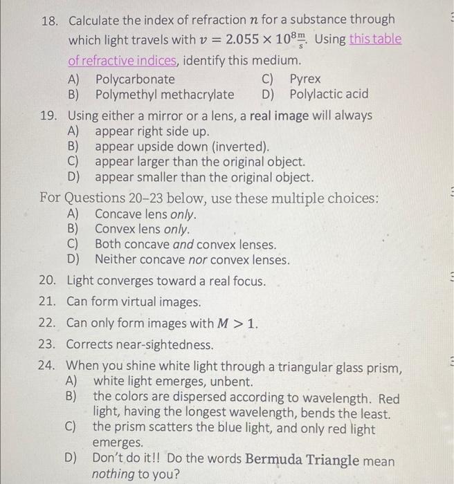 18 Calculate The Index Of Refraction N For A Substance Through Which Light Travels With V 2 055 X 108m Using This Ta 1