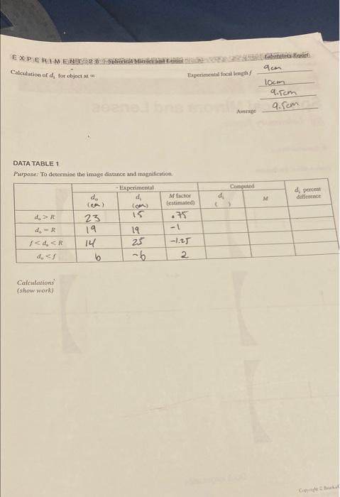 Experiment 28 Sint Minist Calculation Of D For Object At Data Table 1 Purpose To Determine The Image Distance And Magn 1