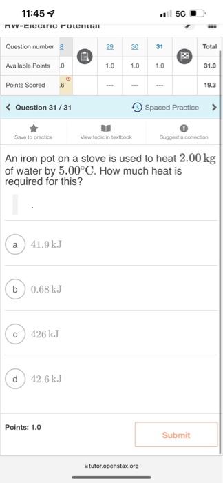 11 45 Nw Clectric Potential Question Number 8 G Available Points 0 Points Scored Question 31 31 Save To Practice View 1