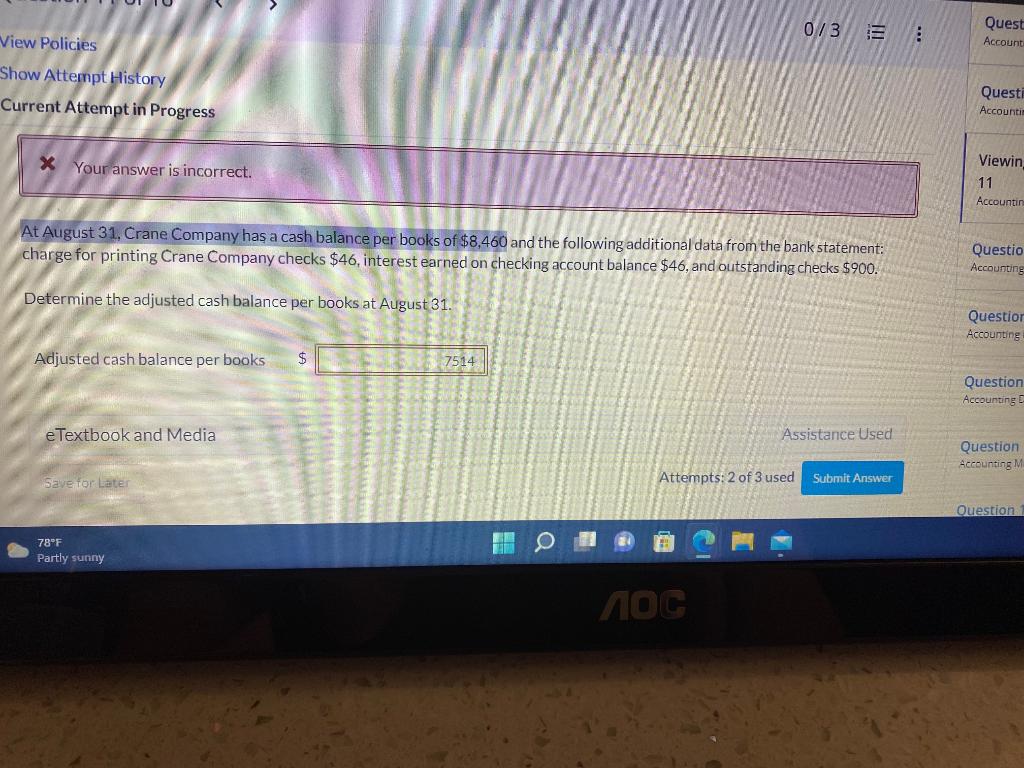 0 3 Ti View Policies Quest Account Show Attempt History Current Attempt In Progress Questi Accounti X Your Answer Is In 1