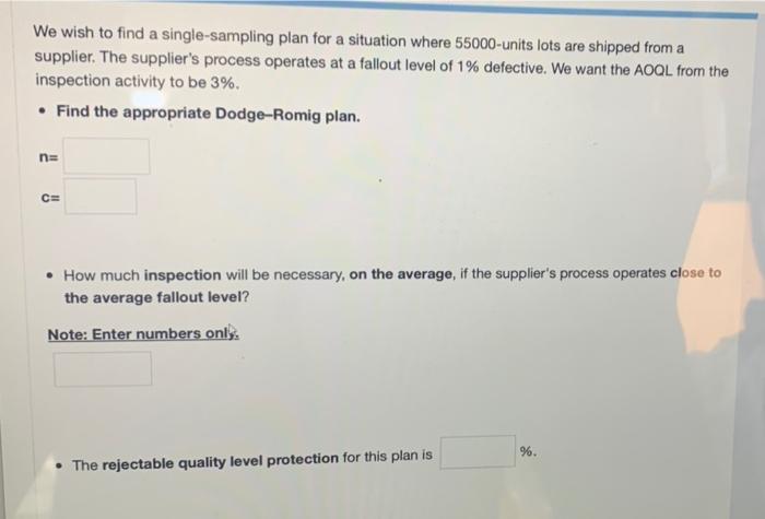 We Wish To Find A Single Sampling Plan For A Situation Where 55000 Units Lots Are Shipped From A Supplier The Supplier 1