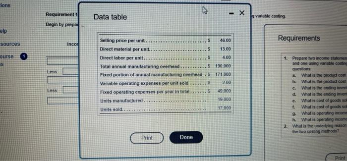 Ions Q Requirement 1 X Data Table G Variable Costing Begin By Prepar Elp Requirements Sources Incor Ourse Is O Less 1
