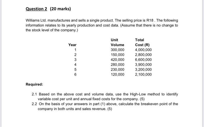 Question 2 20 Marks Williams Ltd Manufactures And Sells A Single Product The Selling Price Is R18 The Following Inf 1