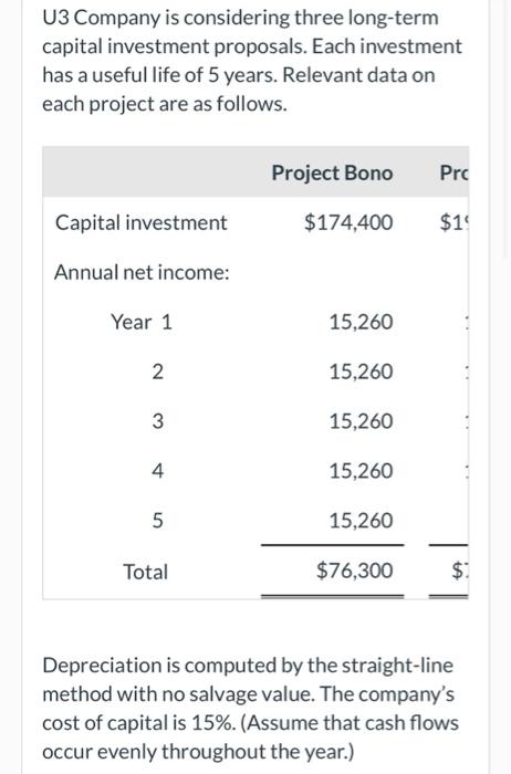 U3 Company Is Considering Three Long Term Capital Investment Proposals Each Investment Has A Useful Life Of 5 Years Re 1