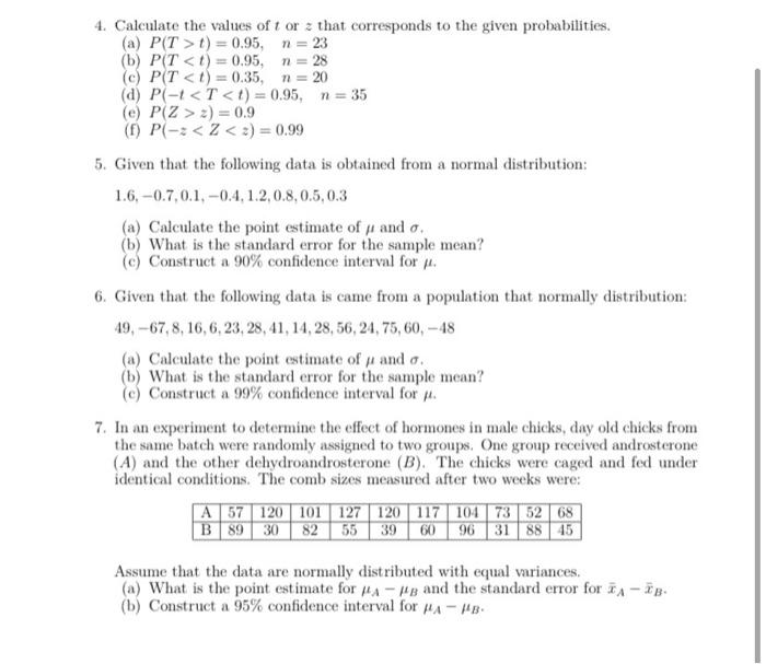 4 Calculate The Values Of T Or A That Corresponds To The Given Probabilities A P T 1 0 95 N 23 B Pt T 1