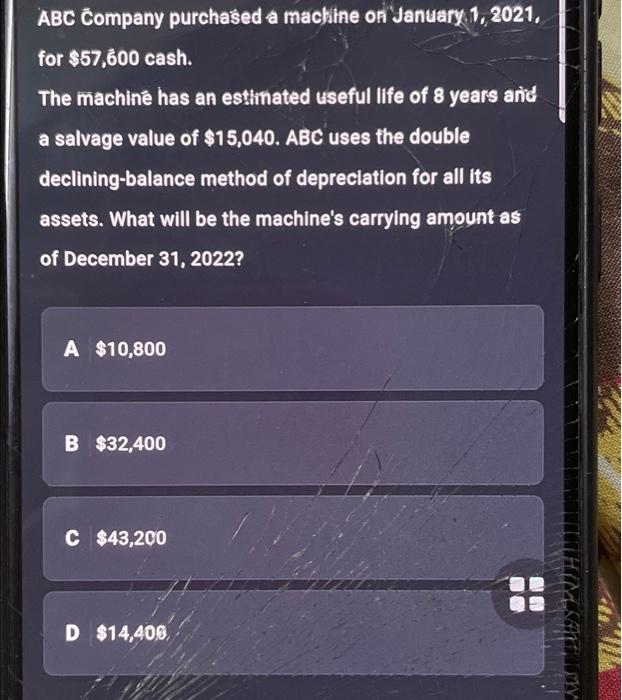Abc Company Purchased A Machine On January 1 2021 For 57 600 Cash The Machine Has An Estimated Useful Life Of 8 Year 1