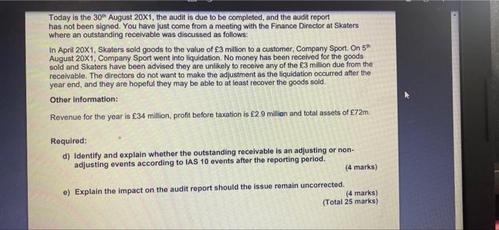 Today Is The 30 August 20x1 The Audit Is Due To Be Completed And The Audit Report Has Not Been Signed You Have Just C 1